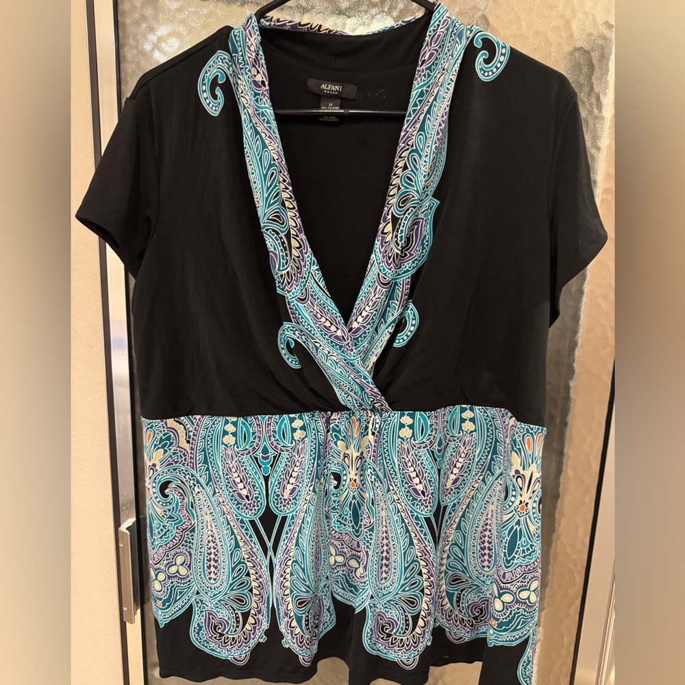 Alfani Black Blouse with Turquoise Paisley Accents